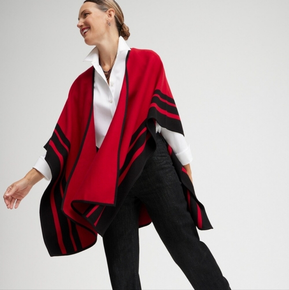 Chico's Stripe Border Ruana Covering Red Allure Pauncho - Picture 11 of 11